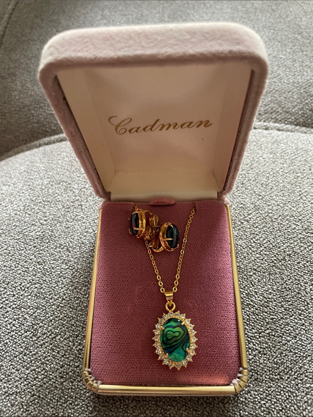 Gold Plated Green Abalone Pendant Necklace and Clip-On Earrings Set